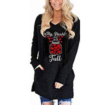 Roshop Womens Red Heart Love Valentines Day Casual V-Neck Long Sleeves Pocket Solid Color Sweater Shirts Tunic Blouse Tops (L, Black Jull)