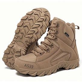 Men's Trendy Solid High Top Hiking Boots, Comfy Non Slip Durable Shoes For Men's Outdoor Activities,Light Brown,Editor Selection,Temu