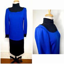 1980S Vintage Givenchy Nouvelle Boutique Blue And Black Wool Turtleneck Coat Dress