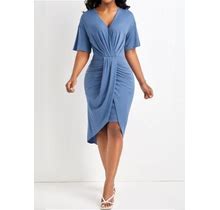 Rotita Women's Dusty Blue Ruched High Low Bodycon Dress - Medium