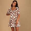 Lulu's Dresses | New White And Brown Floral Print Babydoll Dress | Color: Brown/White | Size: Xs