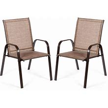 Costway 2 Pcs Patio Chairs Outdoor Dining Chair With Armrest-Brown