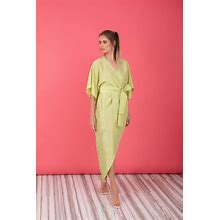 Pastel Green Taffeta Dress, Kimono Dress With Wide Sleeves, Wrap Midi Dress, Tulip Dress With Belt