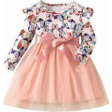 Ydojg Fashion Dresses For Girls Baby Toddler Girls Long Sleeve Butterfly Prints Princess Dress Dance Party Dresses Clothes For 18-24 Months