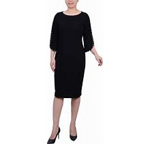 Ny Collection Women's 3/4 Imitation Pearl Detail Petal Sleeve Dress - Black - Size L