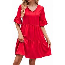 Idall Summer Dresses,Boho Dresses Women's Lace Up Bohemian High Waist Mini Dress Casual Dress Petite Dresses,Modest Dresses,Womens Dresses Red Dress X