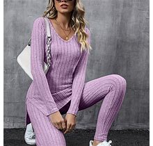 Ribbed Split Matching Two-Piece Set, Casual Long Sleeve T-Shirt & Pants, Trousers Outfits, Women's Clothing,Purple,Popular,Temu