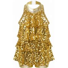 Tiaobug Kids Girls Sleeveless Shiny Sequins Halter Tassel Mini Dress Latin Jazz Salsa Samba Rumba Dance Costumes Gold 16