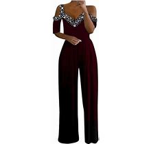 Ernkv Women's Wide Leg Jumpsuit Summer Clearance Clothing Trousers Solid Splicing Fashion Breathable Relaxed Cold Shoulder Sleeve V Neck Elegant Leisu