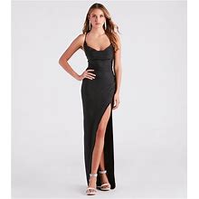 Windsor Arabella High Slit Cowl Neck Dress In Black | Size: Medium | Knit Fabric/Rhinestone