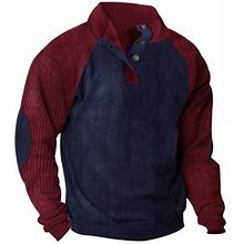 Patlollav Man Sweatshirts Sports Stand Collar Button Patchwork Long Sleeve Pullover Tops Wine XL