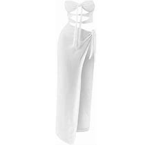 Weaiximiung Maxi Dress For Women Petite Length Women's Summer Casual Chest Strap Hollow Decoration High Slit Tube Top Long Dress White L