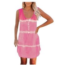 Huaai Womens Dresses Short Womens Tank Tie-Dye O-Neck Summer Casual Sleeveless Loose Tee With Button Dress Plus Size Dress For Women Pink L