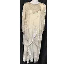 Fabrice Vintage Silver Beaded Dress White L Sleeve Layered Flapper Hem