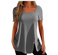 Short Sleeve Ladies Tunic, T Shirt Bulk Women's T-Shirts Loose White Tshirts For Women Spring Summer Fashion Casual Solid Color Short Button Round Ne