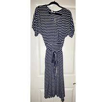 Old Navy Blue White Stripe Wrap Midi Dress M Short Sleeve Rayon Ruched