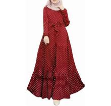 Simu Womens Summer Dresses Casual Women's Dress Polka Dots Printed U Neck Long Sleeve Robe Long Swing Ruffle Dress Clothing Red L
