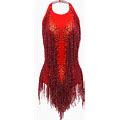 YUANTONG Red Rhinestone Bodysuit Women Sexy Drag Queen Outfit Backless Sleeveless Halter Latin Jazz Dance Leotard With Fringe