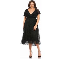 Mac Duggal Lace V-Neck Beaded Tea Length Midi Cocktail Dress Black