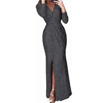 Women Deep V Neck Sequin Dress With Slit Long Sleeve Club Party Evening Dress For Women Lady New