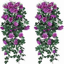 2Pcs Fake Hanging Flower, Artificial Rose Vine Hanging Plants, Hanging Faux Flower Vine, Wedding Home Decoration And Wall Décor (Purple),100Cm/39Inch
