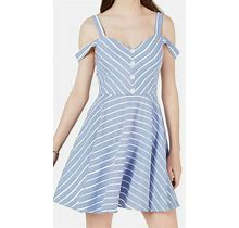 City Studio Blue Size 13 Junior A-Line Dress Cold Shoulder Striped Blue White