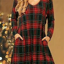 Plaid Pattern Dress, Women's V Neck Dress Women's Clothing Casual Long Sleeve Dress,Red,Must-Have,Temu