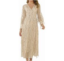 Dresses For Women Sexy V Neck Long Sleeve Sequin Dress Tulle A-Line Swing Formal Evening Gown Party Club Maxi Dress (X-Large, Beige)