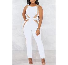 Women Party Outfits White Sexy Solid Patchwork O Neck Skinny Jumpsuits(S)
