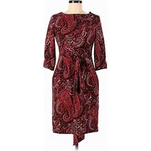 Talbots Casual Dress - Wrap Boatneck 3/4 Sleeve: Red Print Dresses - Women's Size 2 Petite