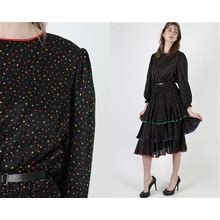 Vintage 80S Confetti Polka Dot Dress / Sheer Black Smocked Waist / Colorful Ruffle Tiered Midi Mini Dress