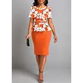 Rotita Women's Orange Floral Peplum Dress Fake 2In1 Floral Print Belted Bodycon Dress - Small
