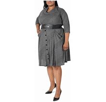 Signature BY Robbie BEE Womens Gray Knit Belted Pocketed Button Striped 3/4 Sleeve Cowl Neck Knee Length Wear To Work Fit + Flare Dress Plus 1X