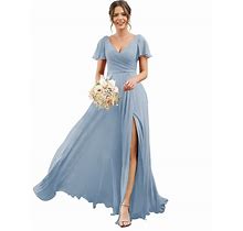 Deamify Women's V Neck Short Sleeve Bridesmaid Dresses Long Pleats Chiffon High Slit Formal Dress With Pockets DI001