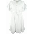 Women's Faux Eyelet Lace Up Front V-Neck Dress White X-Small