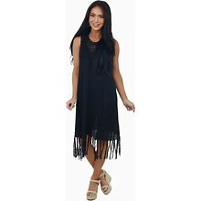 Umgee Black Tassel Hemline Crochet Knit Midi Dress - Women's - Size M