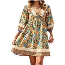 Uppada Summer Boho Babydoll Dresses For Womens 2024 Beach Casual 3/4 Sleeve Dress V Neck Ruffle Floral Flowy Dresses