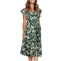 Women's Floral Midi Dress Casual Summer Ruffle Sleeve Party Dress V-Neck Button Down A-Line Dresses With Pockets Belt