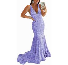 Sparkly Sequin Prom Dresses Long Deep V-Neck Sexy Mermaid Formal Cocktail Dresses For Women Backless