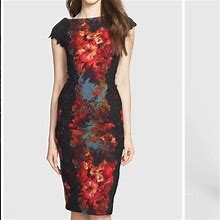Maggy London Dresses | Maggy London Lace Applique Floral Print Sheath Dress Sz 4 Petite | Color: Black/Red | Size: 4P