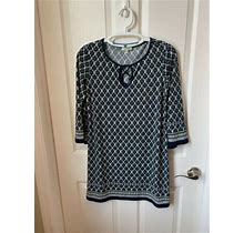 Max Studio Shift Knit Dress, Navy Print, Xs,Bell Sleeves,Excellent