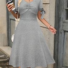 Solid Color Ruched Bow Decor Jersey Dress, Women's V Neck Elegant Short Sleeve A-Line Women's Clothing Ruched Dress,Grey,Trending,Temu