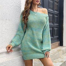 Caicj98 Women's Sweaters Fall 2023 Women's Neck Bodycon Sweater Dress Knit Pullover Lace Long Sleeve Party Mini Dress Blue,S