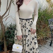 Floral Print Solid Color Notched Dress, Women's Casual Neck Women's Clothing Long Sleeve Dress,Apricot,Must-Have,Temu