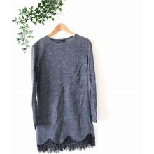 Zara Knit Women's Lace Trim Dark Gray Long Sleeve Soft Loose Knit Dress Size S