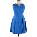 Chadwicks Casual Dress - Mini V-Neck Sleeveless: Blue Print Dresses - Women's Size 14