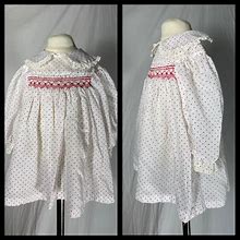 Vintage 1960S Or 70S Polly Flinders Baby Girl's Dress Red And White Polka Dots Smocked Bodice Peter Pan Lace Trimmed Collar Size 12 Mos