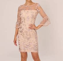 Adrianna Papell Floral Embroidered Sheath Dress With Scalloped Detail In Champagne Multi Size 39