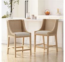 Deville French Country Fabric Upholstered Wood And Cane 25.5 Inch Counter Stools, Set Of 2 , Beige/Natural
