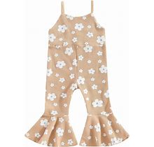 Girls Cute Summer One-Piece Camisole Jumpsuit Sleeveless Suspenders Floral Flared Overalls For Daily Casual